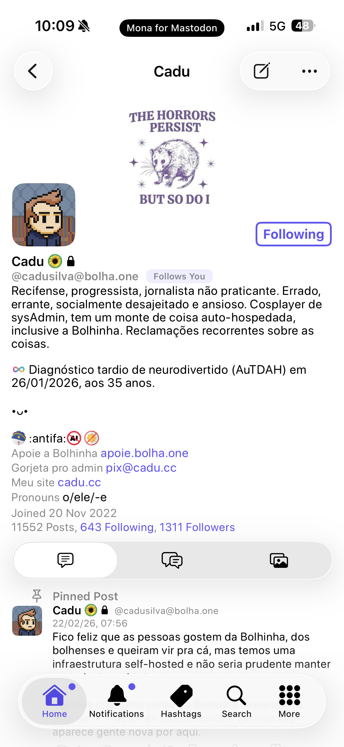Perfil de usuário com descrição detalhada, imagem de um tatu e texto em português.
